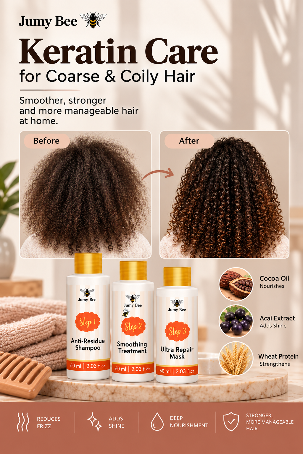Jumy Bee promotional creative for the 3-Step Keratin Treatment showing the three bottles, ingredients such as cocoa oil, acai extract and wheat protein, and a brand before-and-after illustration