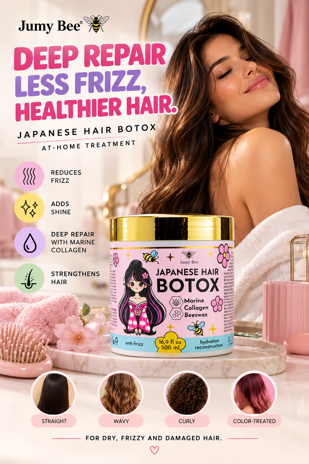 Jumy Bee Japanese Hair Botox promotional creative: pink jar of Japanese Botox Keratin Hair Mask with marine collagen and beeswax, for dry, frizzy and damaged hair
