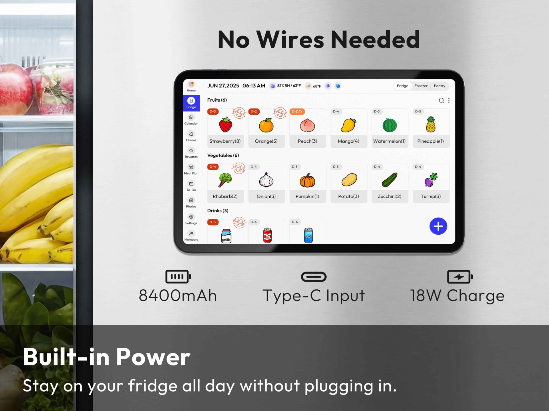 FridgeCal cordless design with 8400mAh battery and Type-C charging