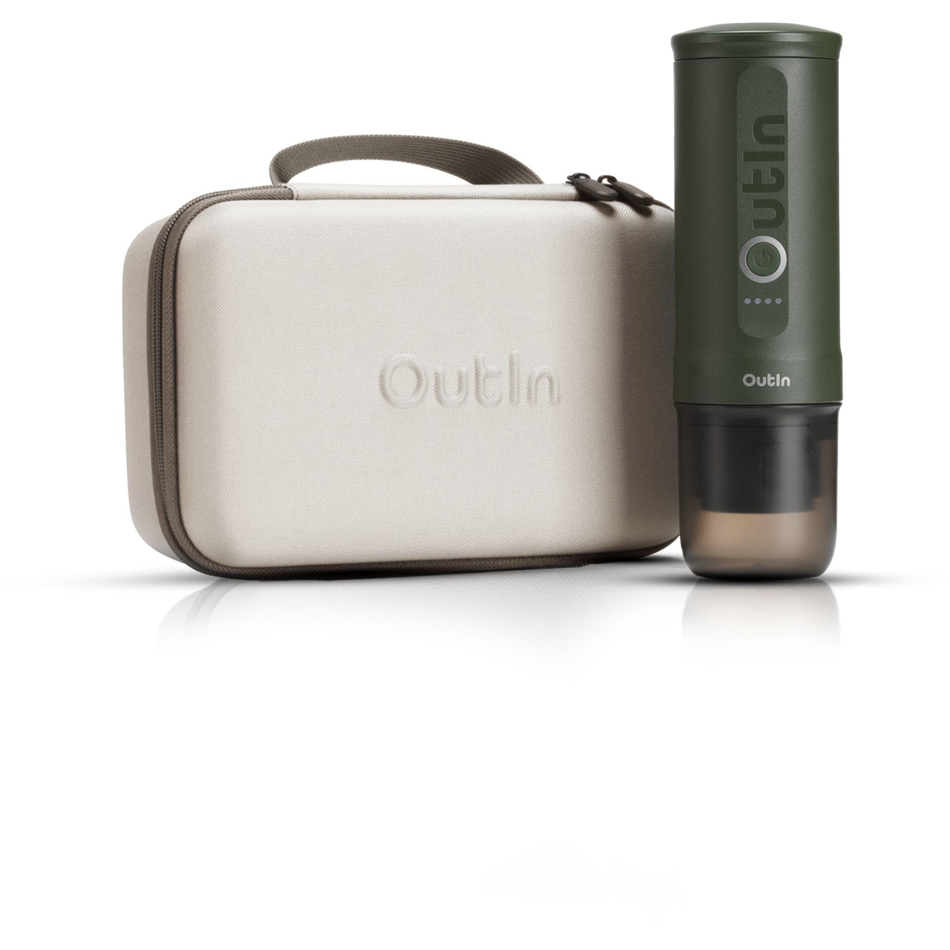 Forest-green OutIn portable espresso maker next to a carrying case
