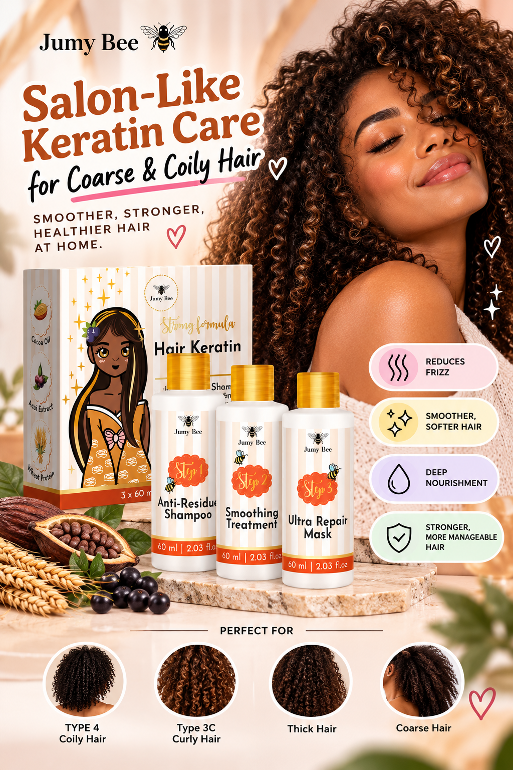 Jumy Bee promotional creative: Salon-Like Keratin Care for Coarse and Coily Hair, showing the 3-Step Keratin Treatment Set with Anti-Residue Shampoo, Smoothing Treatment and Ultra Repair Mask