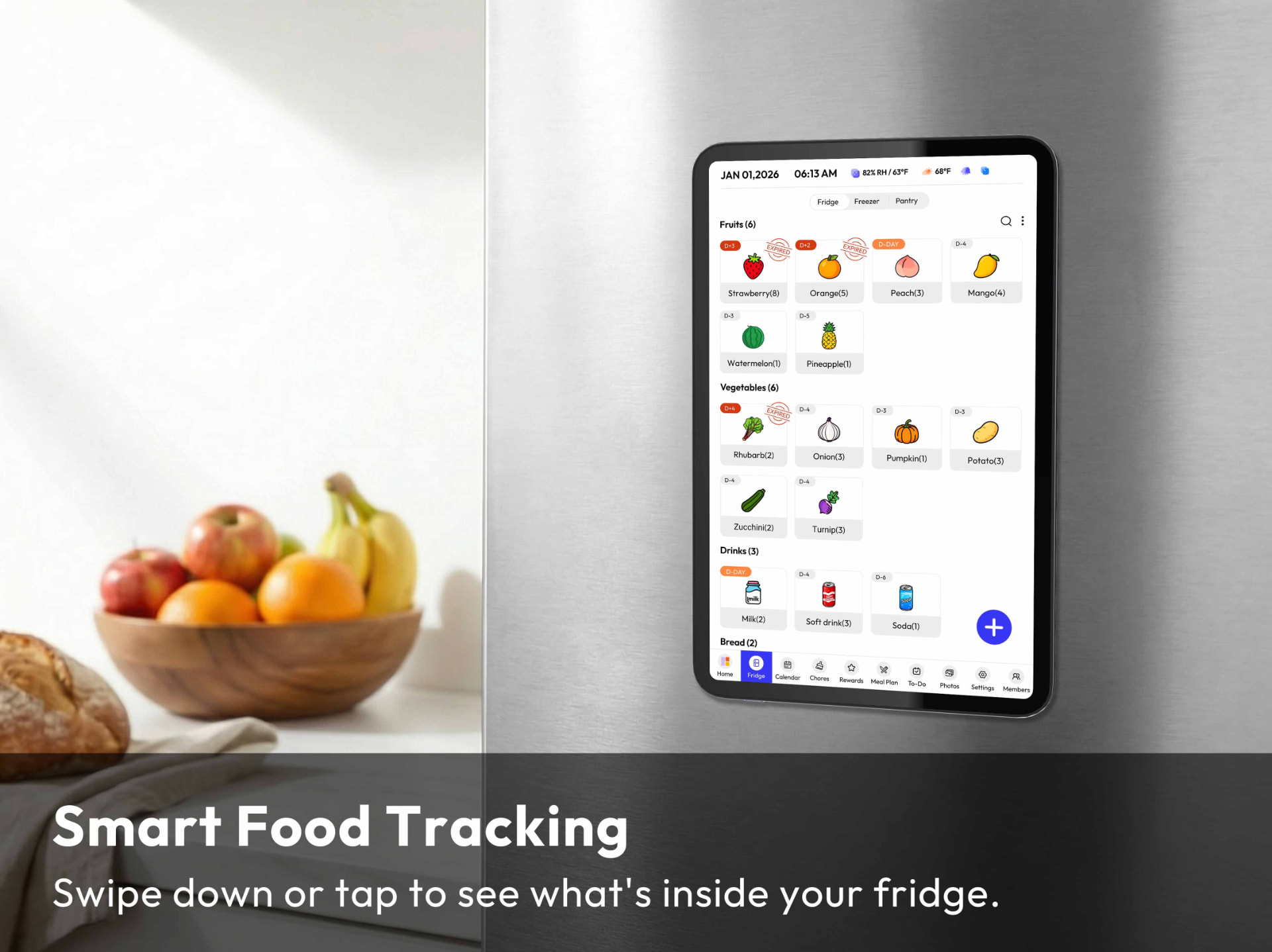 FridgeCal food tracking screen listing fridge items