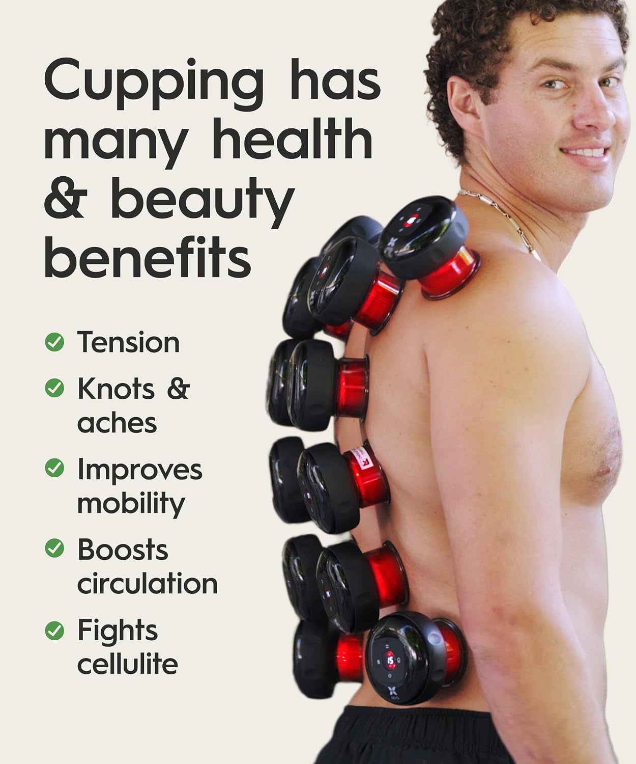 REVO promotional graphic showing Smart Cupper devices positioned along a person's back