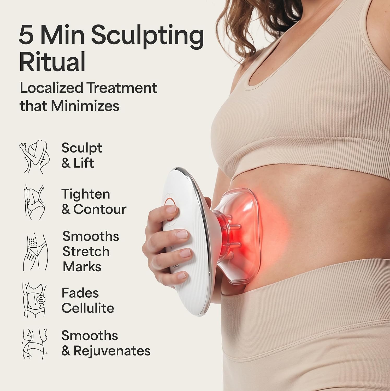 Woman using the REVO Sculptor on her abdomen with the red light glowing