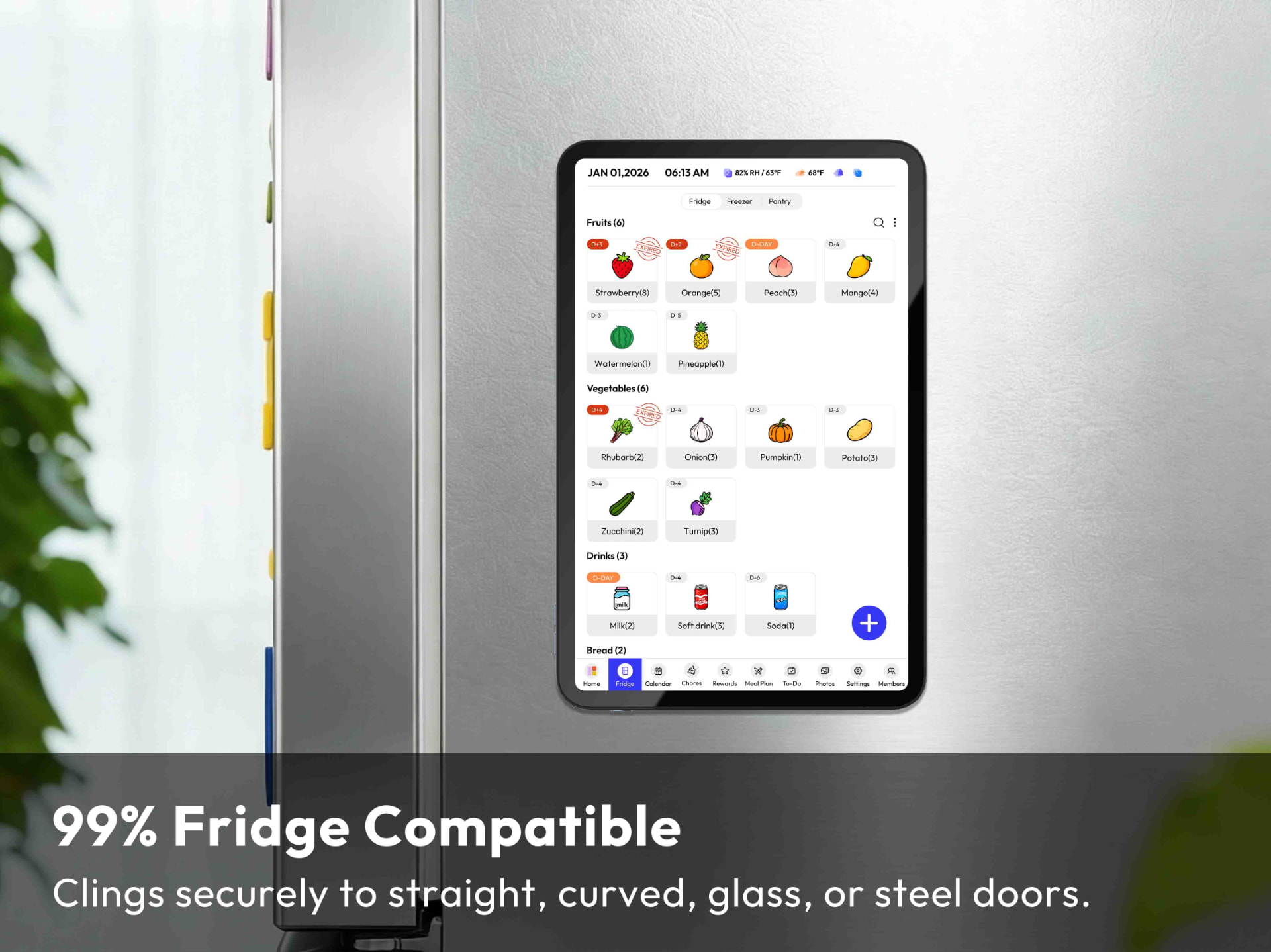 FridgeCal mounted vertically on a refrigerator door