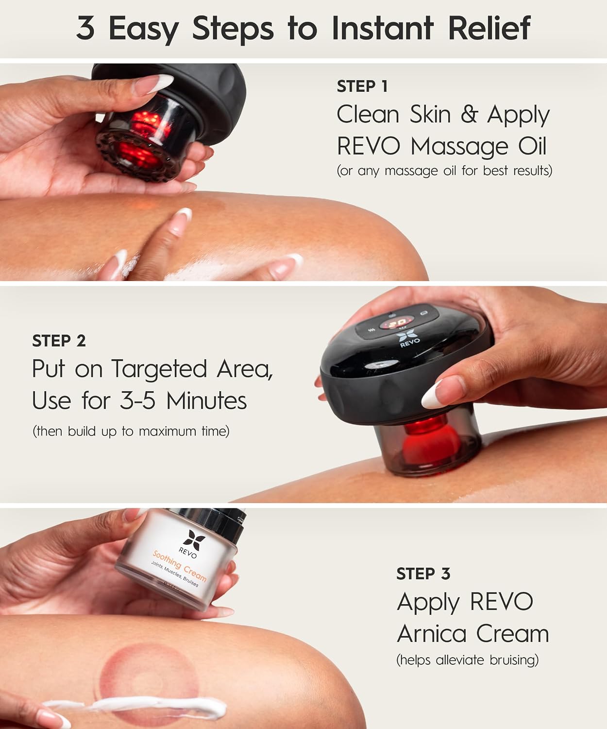 REVO Smart Cupper manufacturer graphic showing a three-step usage routine