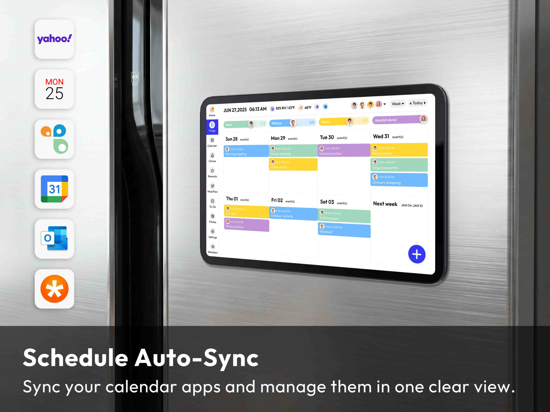 FridgeCal showing a synced weekly family calendar