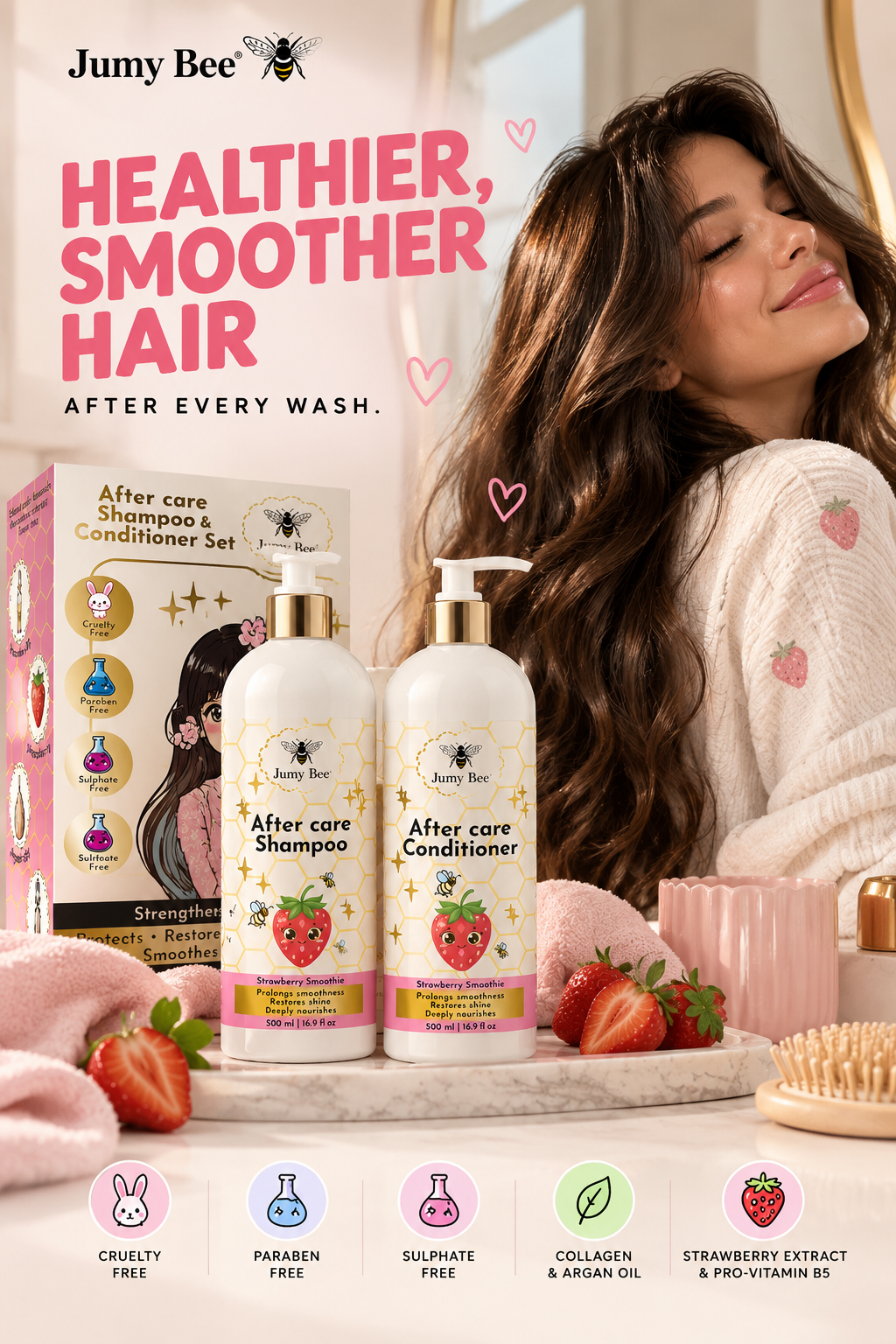 Jumy Bee promotional creative: Healthier, Smoother Hair After Every Wash, showing the After Care Anti-Frizz Shampoo and Conditioner Set with Strawberry Smoothie scent