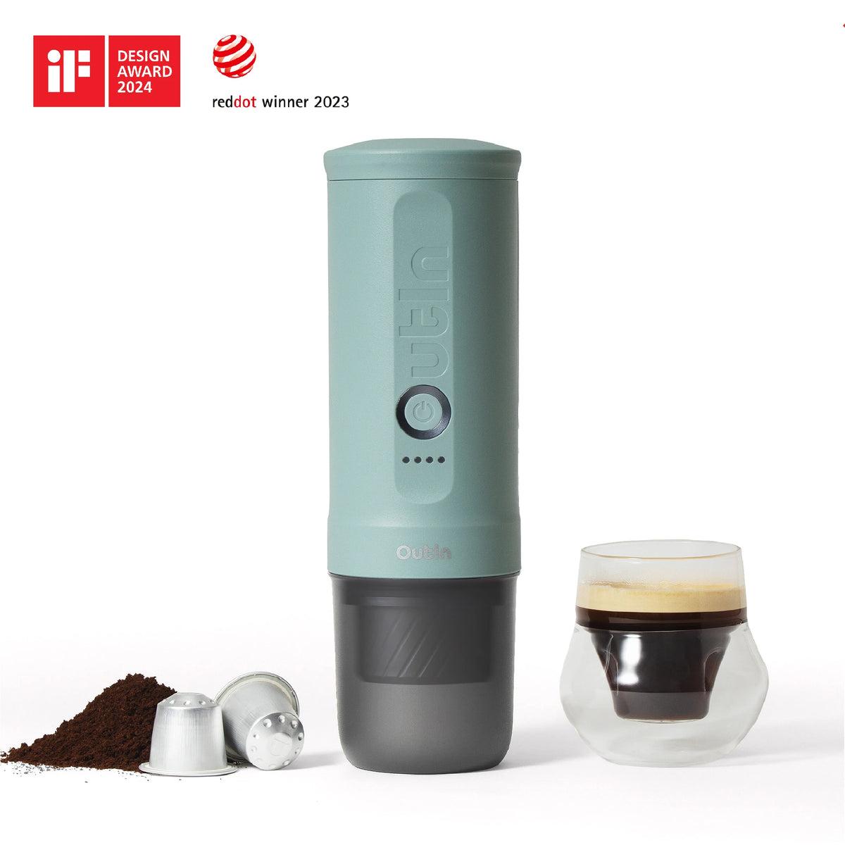 Aqua-blue OutIn portable espresso maker with coffee, capsules and design-award artwork